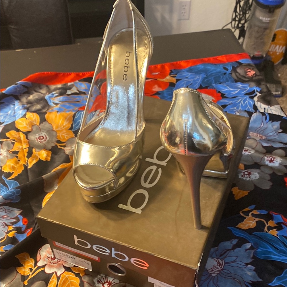 Bebe Shiny Gold Peep-Toe Heels